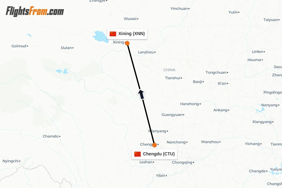Flights from Chengdu to Xining route map