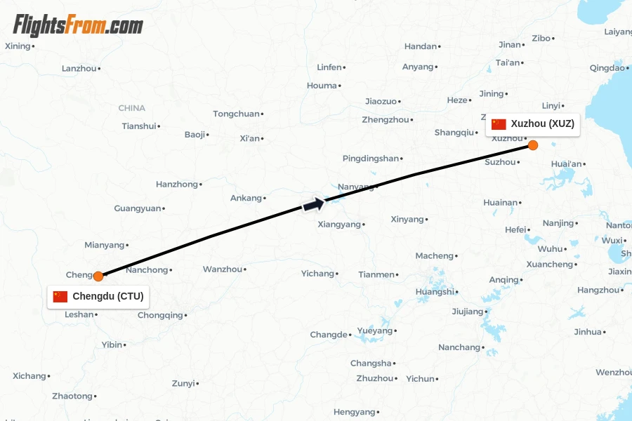Flights from Chengdu to Xuzhou route map