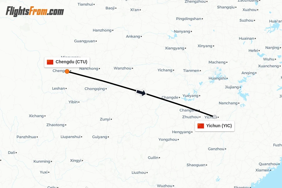 Flights from Chengdu to Yichun route map