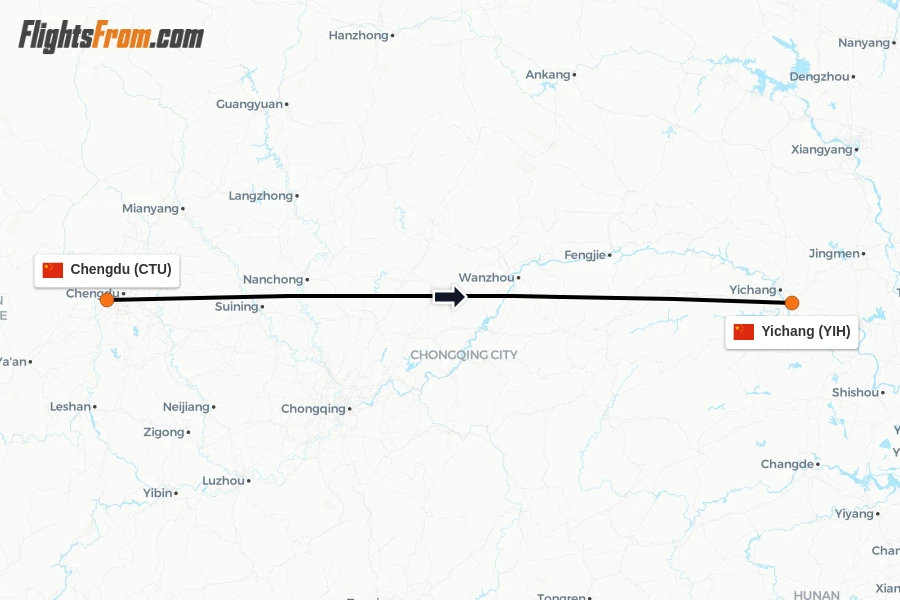 Flights from Chengdu to Yichang route map