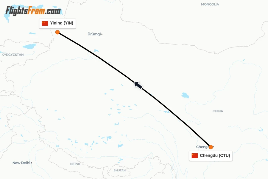 Flights from Chengdu to Yining route map