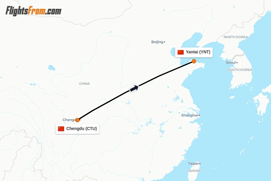 Flights from Chengdu to Yantai route map