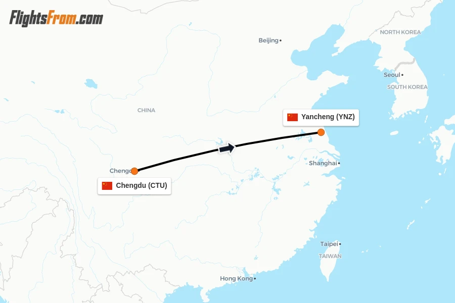 Flights from Chengdu to Yancheng route map