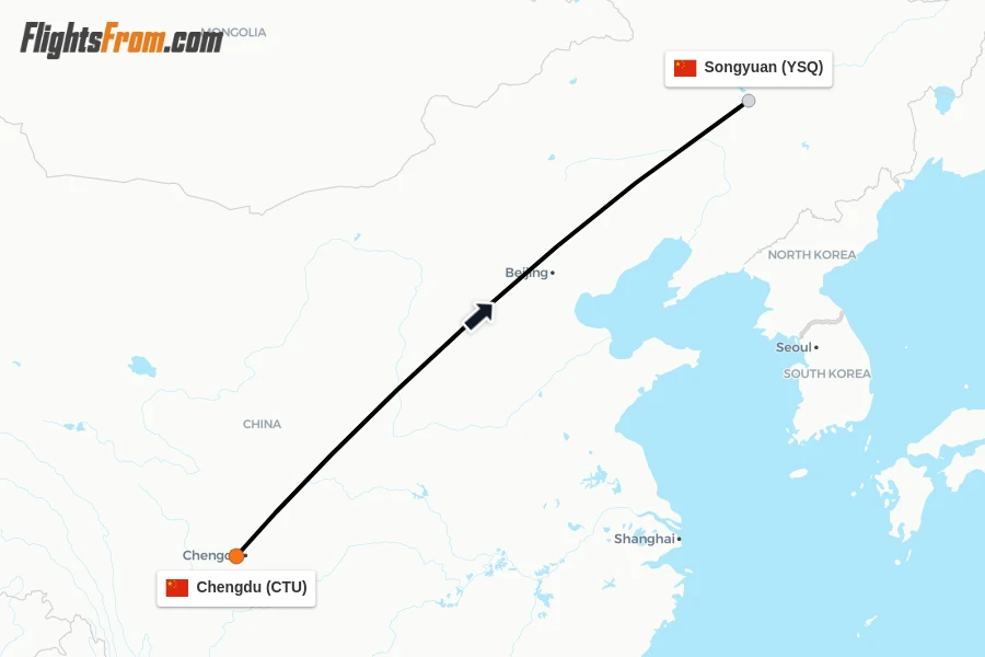 Flights from Chengdu to Songyuan route map