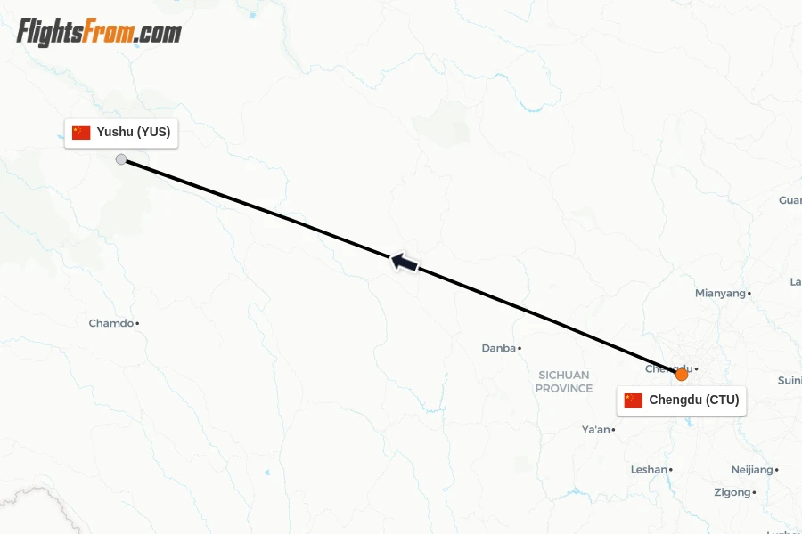 Flights from Chengdu to Yushu route map