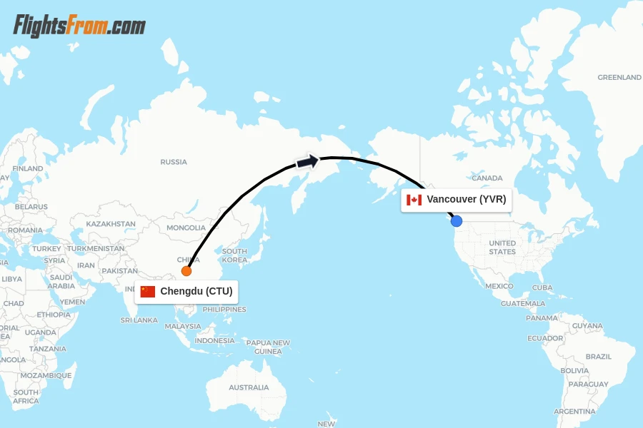 Flights from Chengdu to Vancouver route map