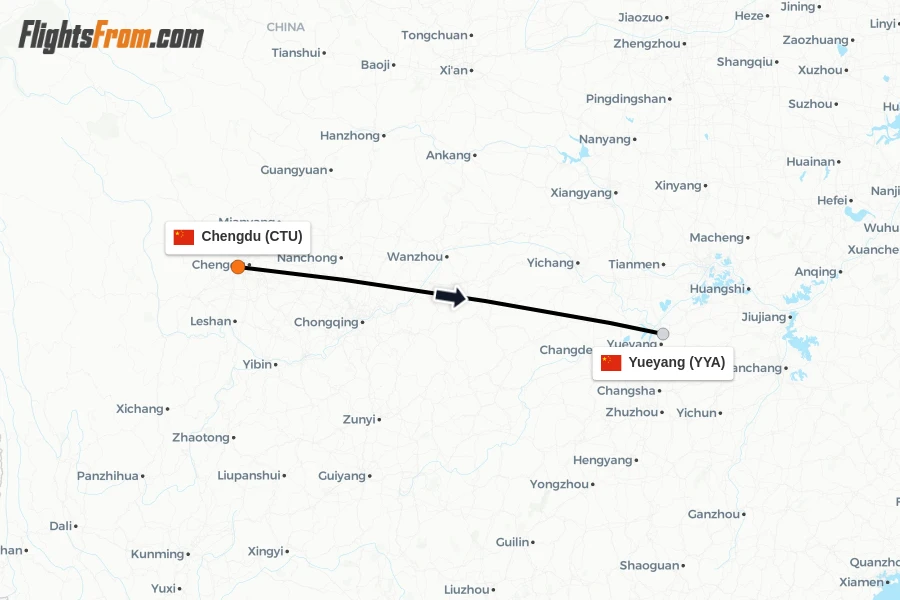 Flights from Chengdu to Yueyang route map