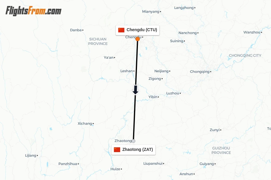 Flights from Chengdu to Zhaotong route map