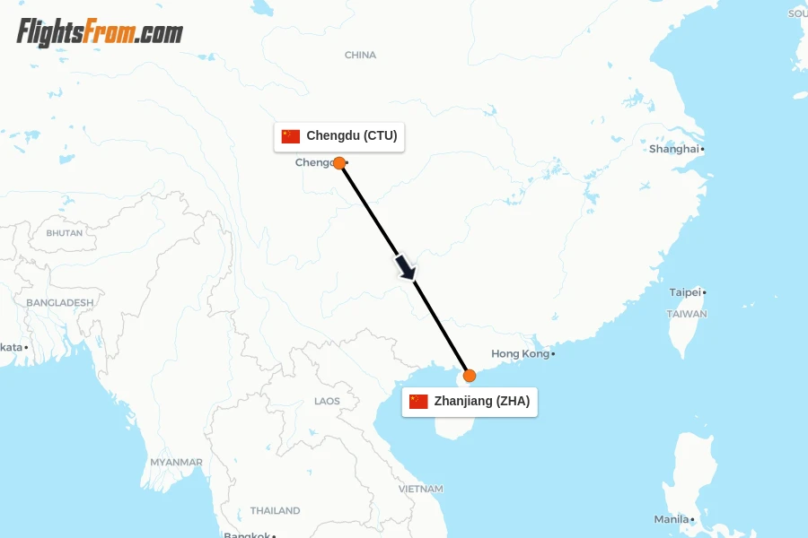 Flights from Chengdu to Zhanjiang route map