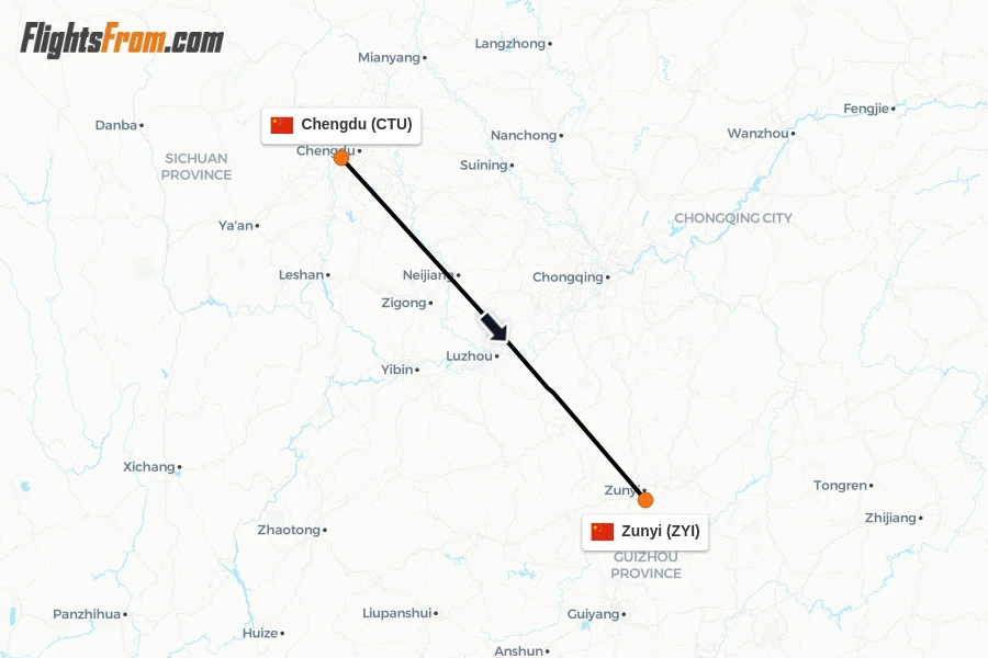 Flights from Chengdu to Zunyi route map