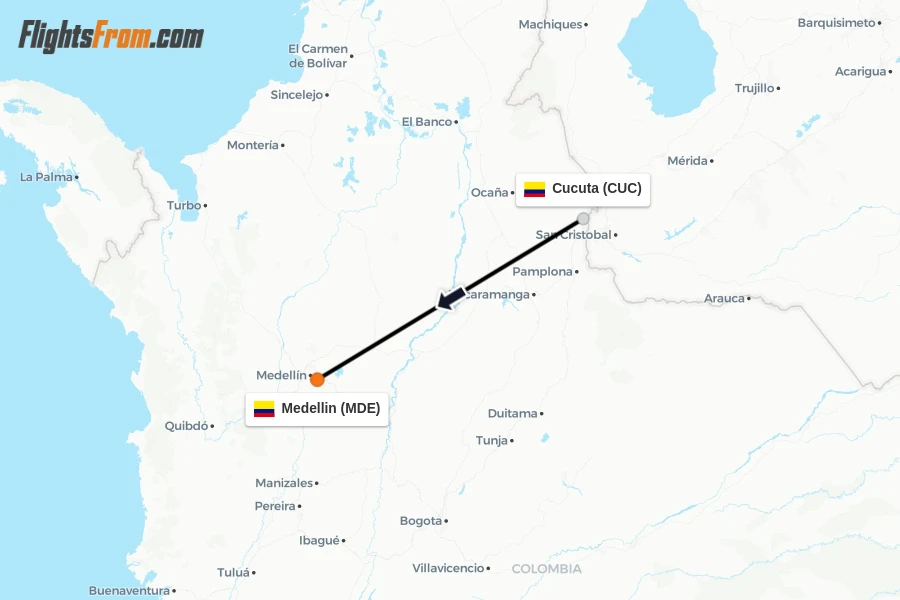 Flights from Cucuta to Medellin route map