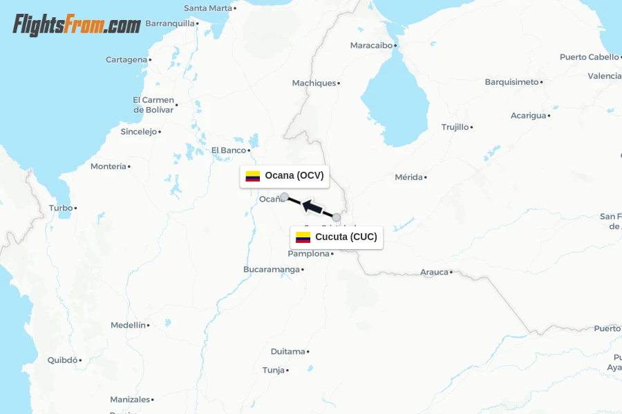 Flights from Cucuta to Ocana route map