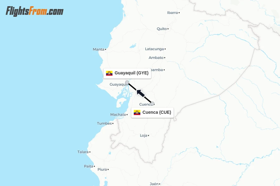 Flights from Cuenca to Guayaquil route map