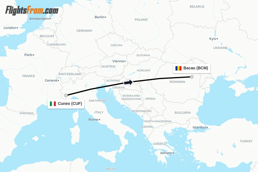 Flights from Cuneo to Bacau route map