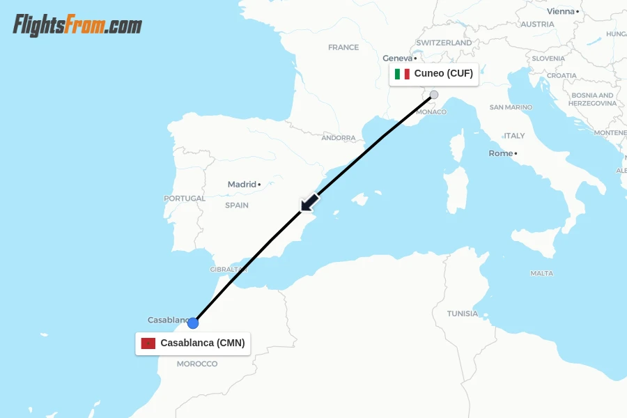 Flights from Cuneo to Casablanca route map