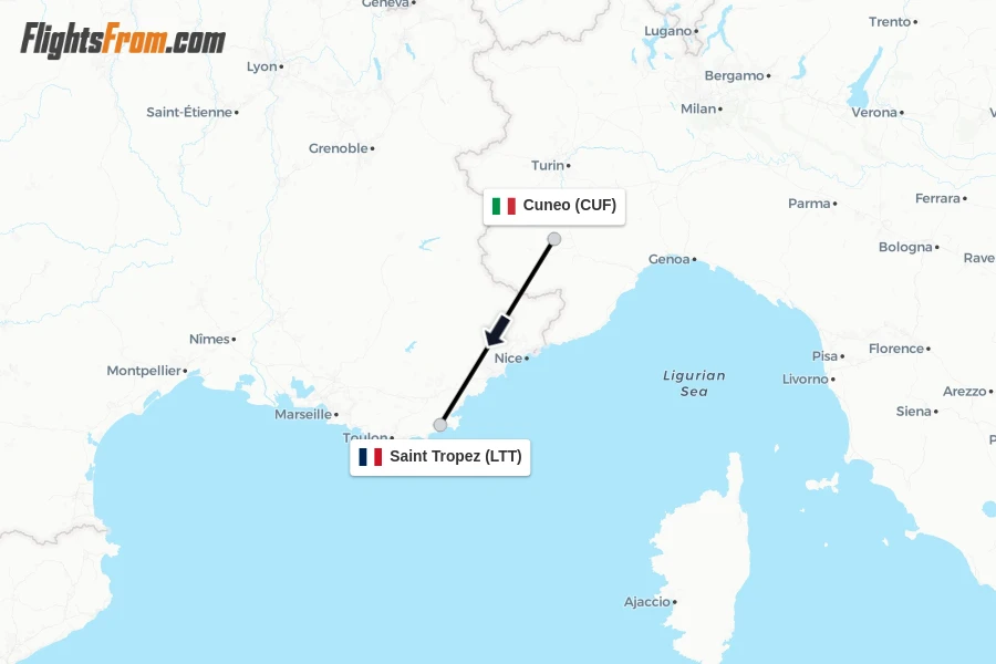 Flights from Cuneo to Saint Tropez route map