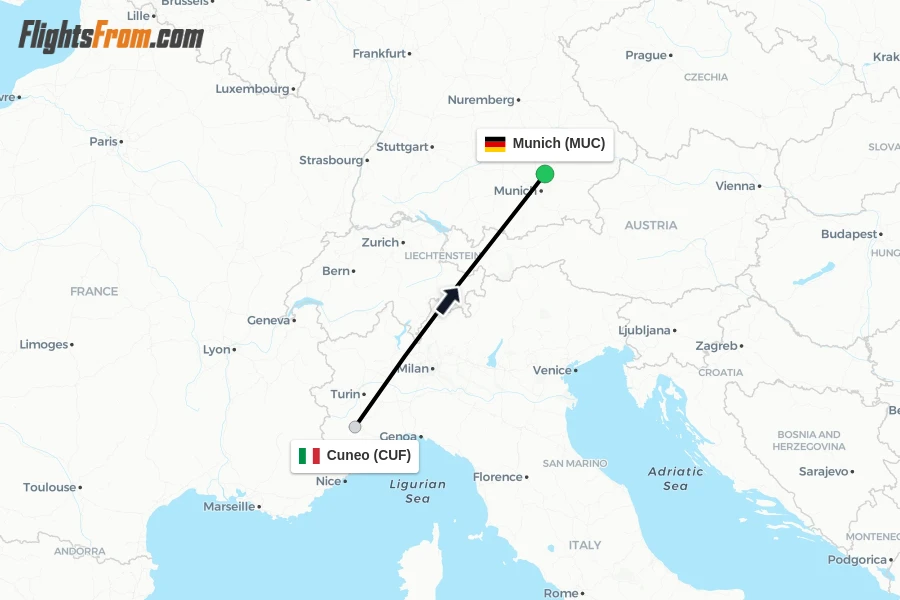 Flights from Cuneo to Munich route map