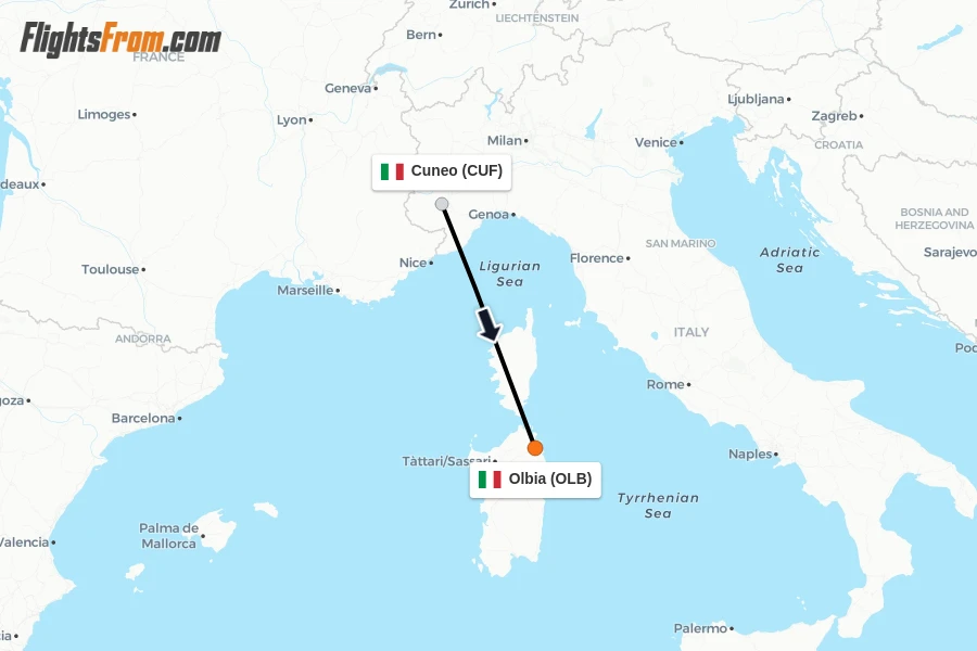 Flights from Cuneo to Olbia route map