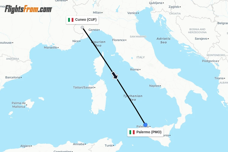 Flights from Cuneo to Palermo route map
