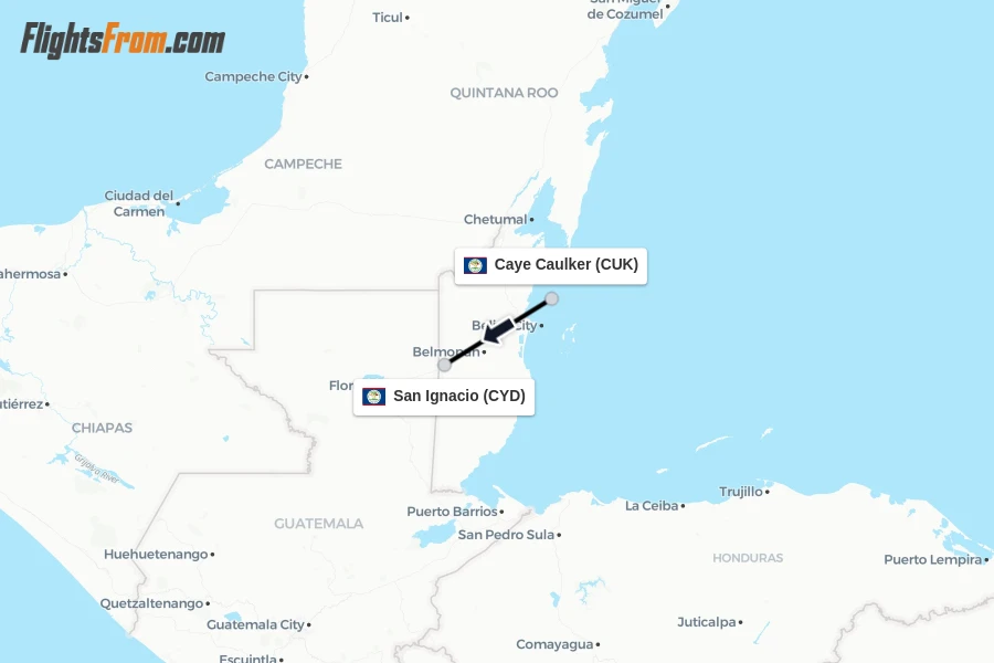 Flights from Caye Caulker to San Ignacio route map