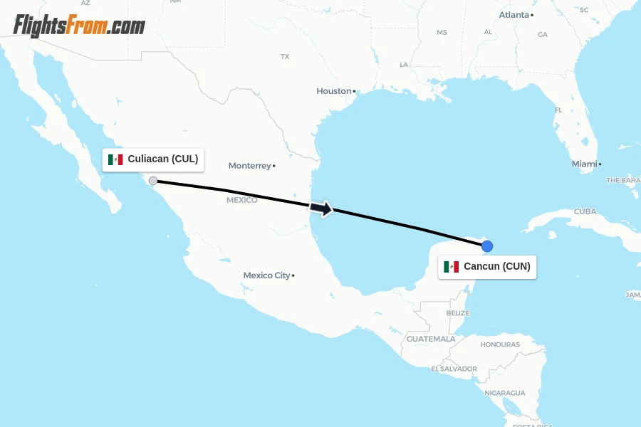 Flights from Culiacan to Cancun route map