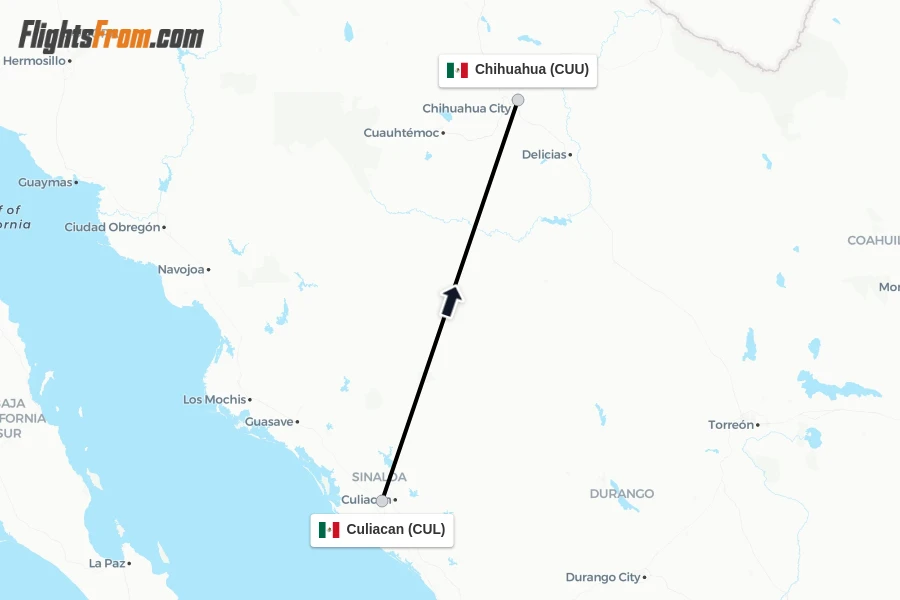 Flights from Culiacan to Chihuahua route map