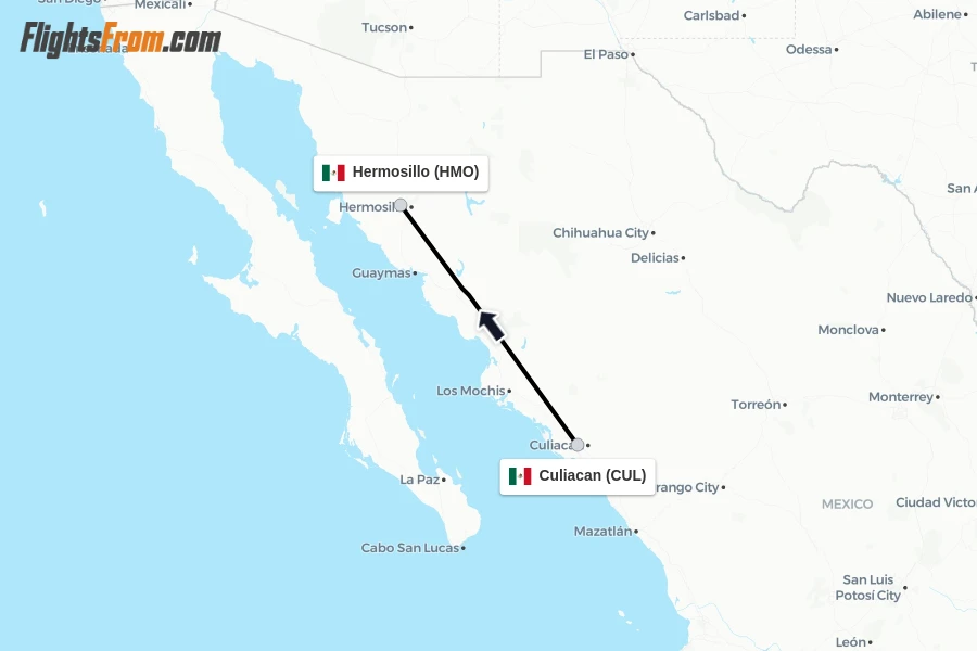 Flights from Culiacan to Hermosillo route map