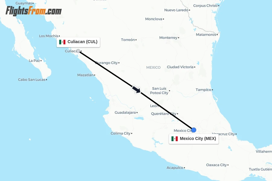 Flights from Culiacan to Mexico City route map
