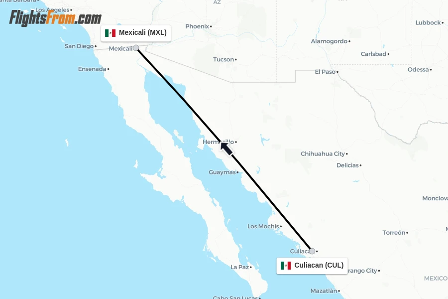 Flights from Culiacan to Mexicali route map