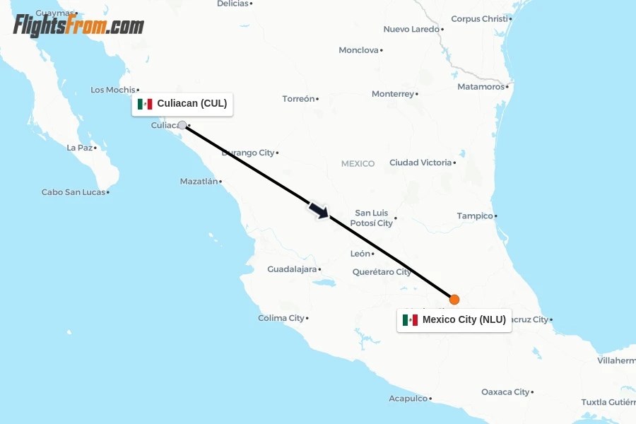 Flights from Culiacan to Mexico City route map