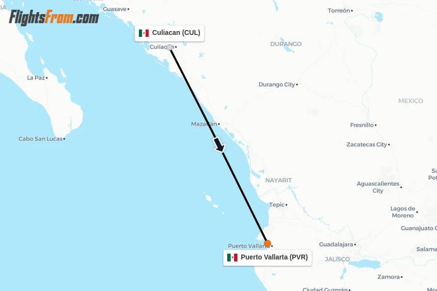 Flights from Culiacan to Puerto Vallarta route map