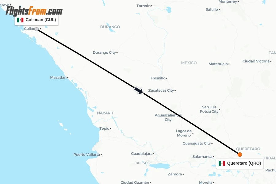 Flights from Culiacan to Queretaro route map