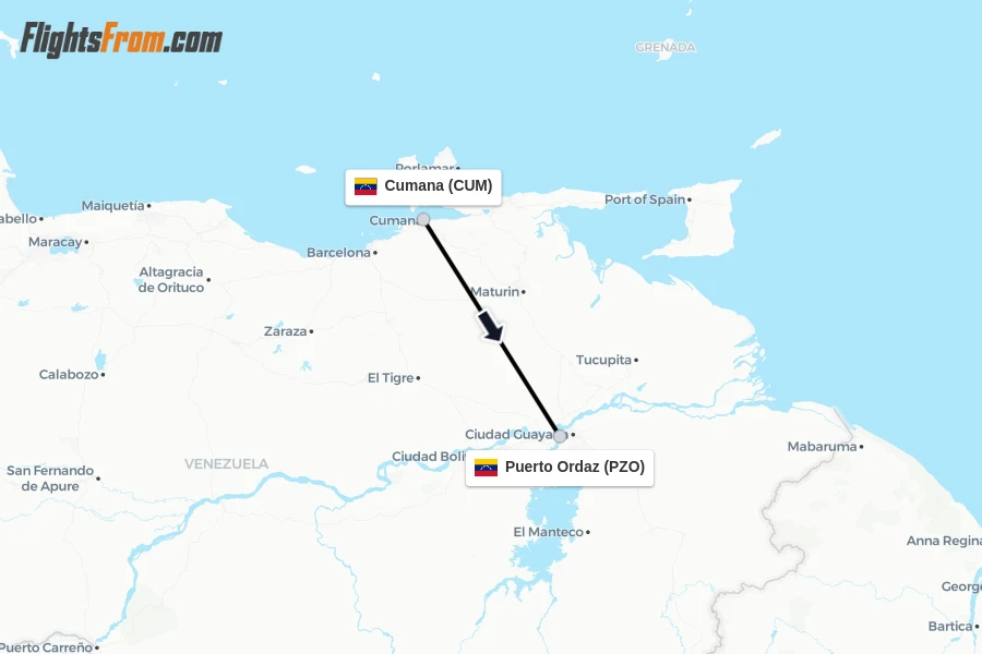 Flights from Cumana to Puerto Ordaz route map