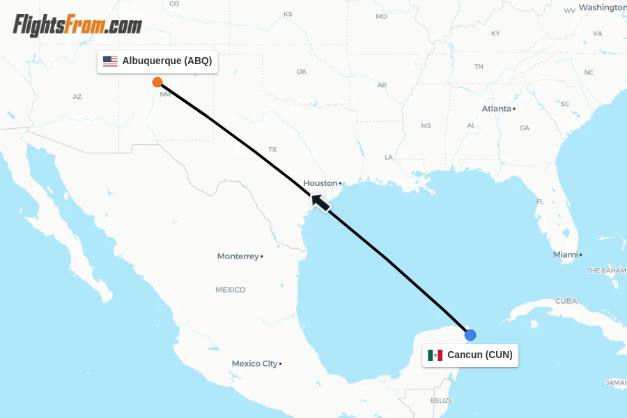 Flights from Cancun to Albuquerque route map