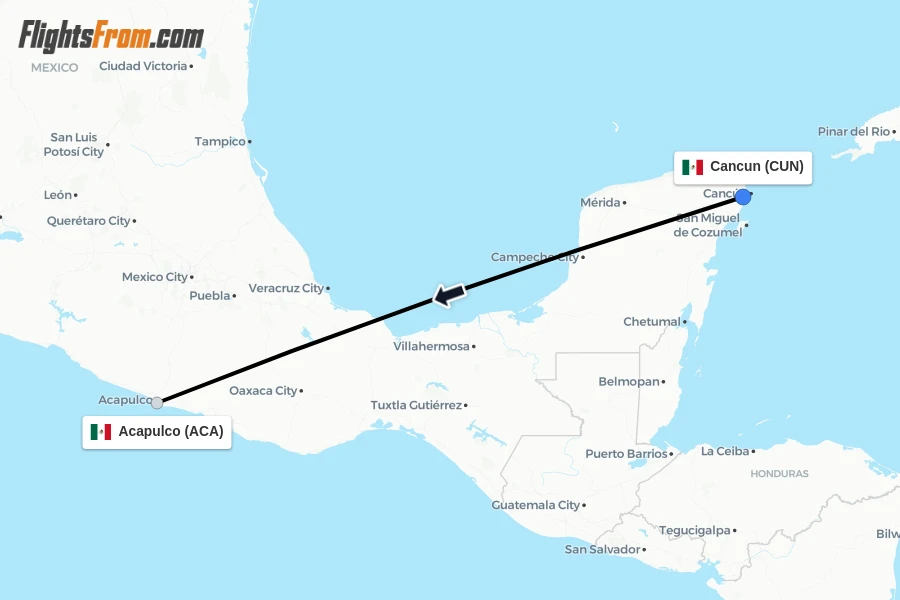 Flights from Cancun to Acapulco route map
