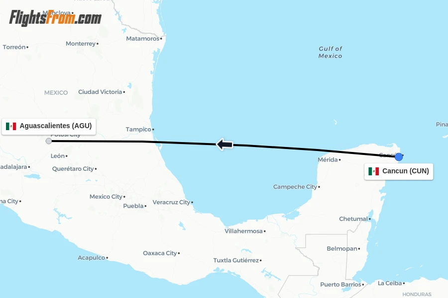 Flights from Cancun to Aguascalientes route map