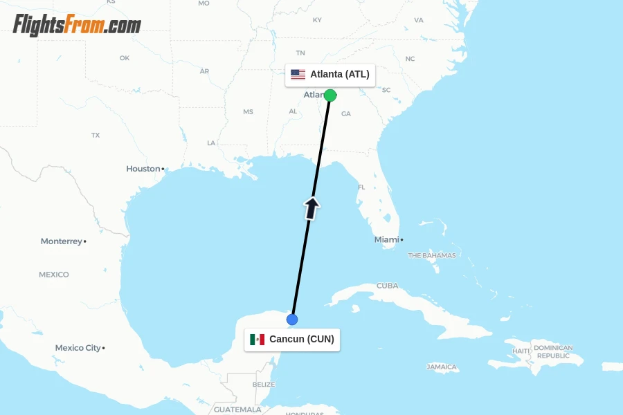 Flights from Cancun to Atlanta route map