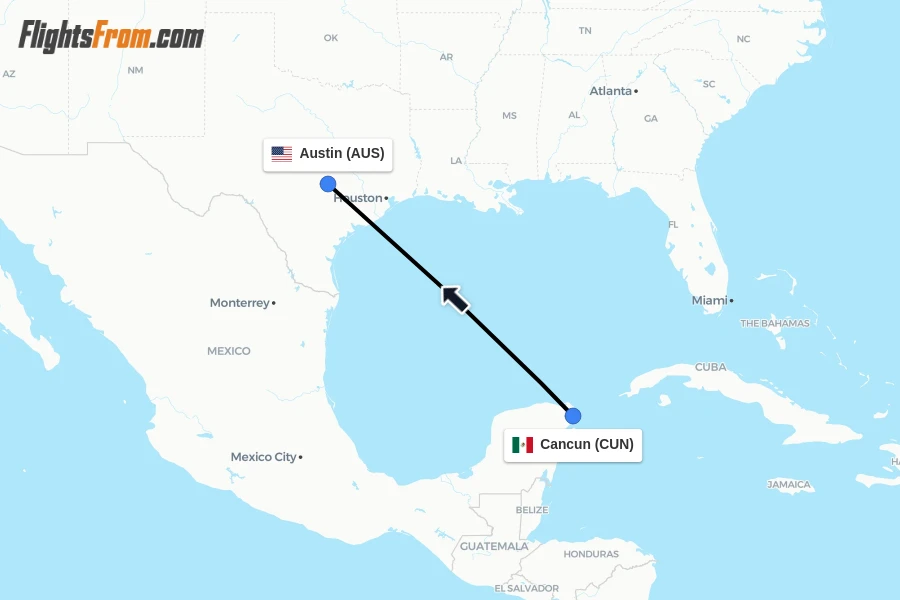Flights from Cancun to Austin route map