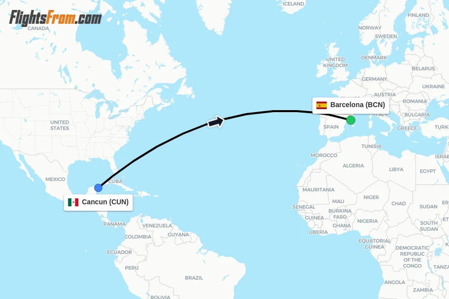 Flights from Cancun to Barcelona route map