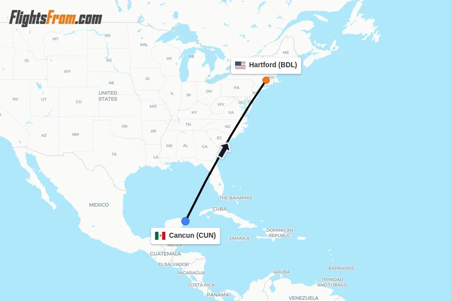 Flights from Cancun to Hartford route map