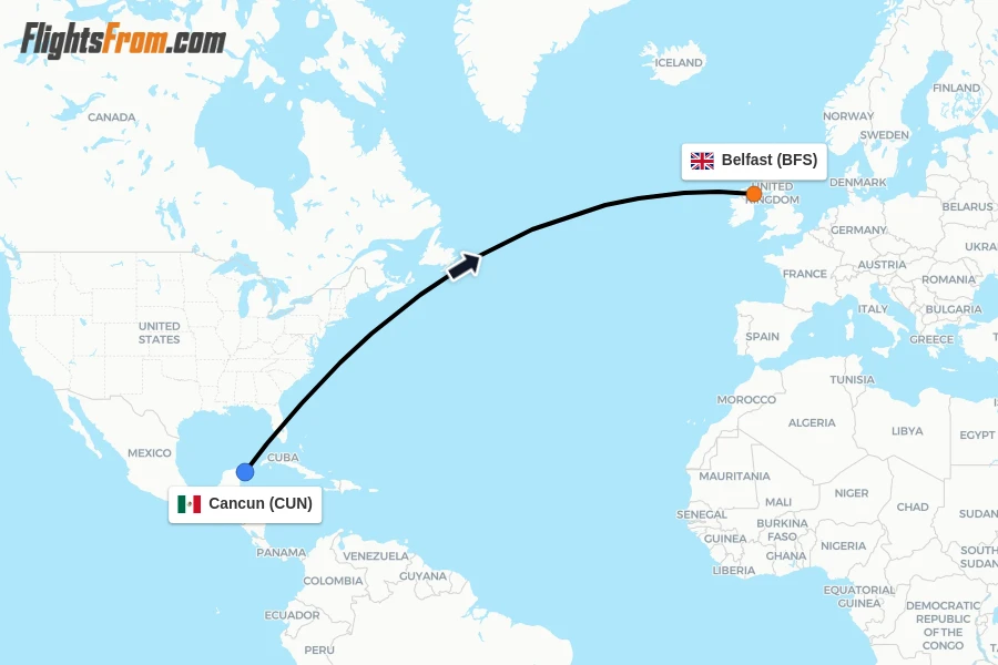 Flights from Cancun to Belfast route map