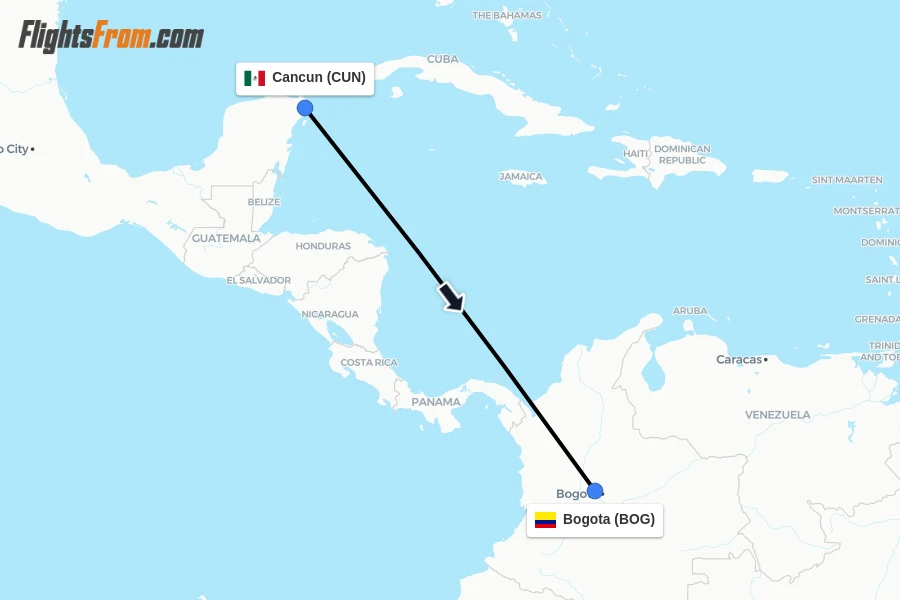 Flights from Cancun to Bogota route map