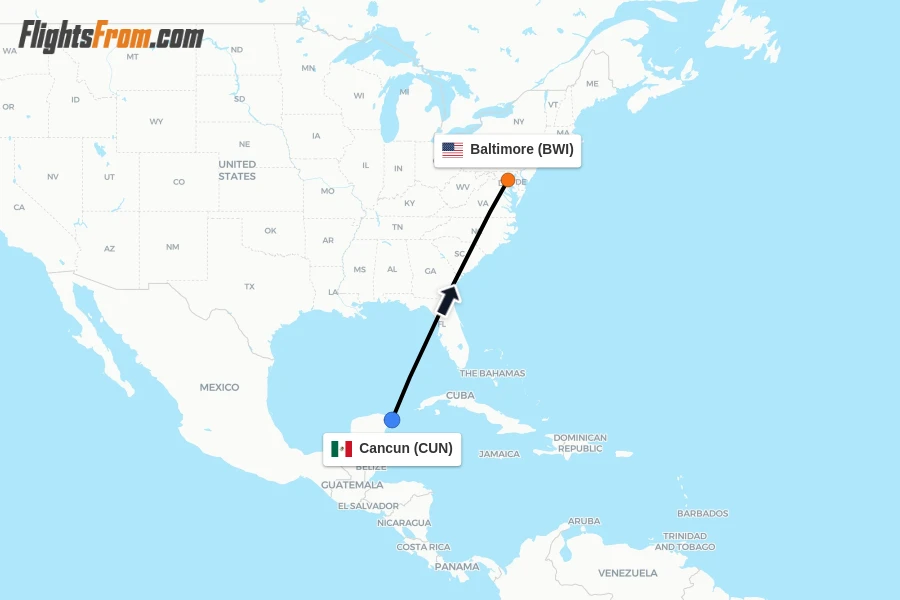 Flights from Cancun to Baltimore route map