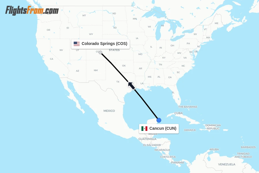 Flights from Cancun to Colorado Springs route map