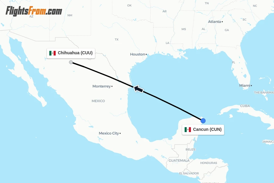 Flights from Cancun to Chihuahua route map