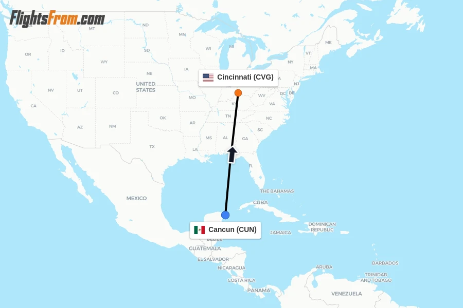 Flights from Cancun to Cincinnati route map