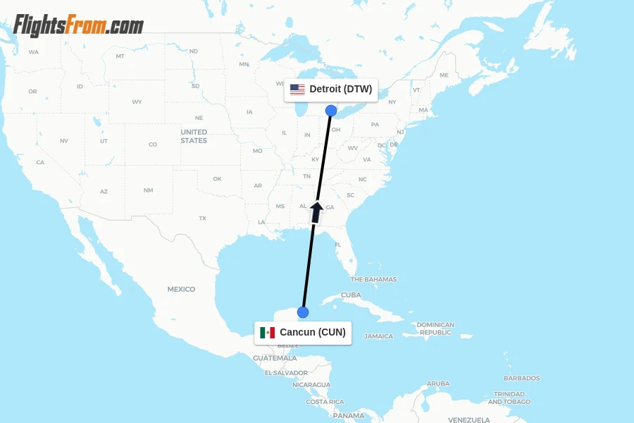 Flights from Cancun to Detroit route map