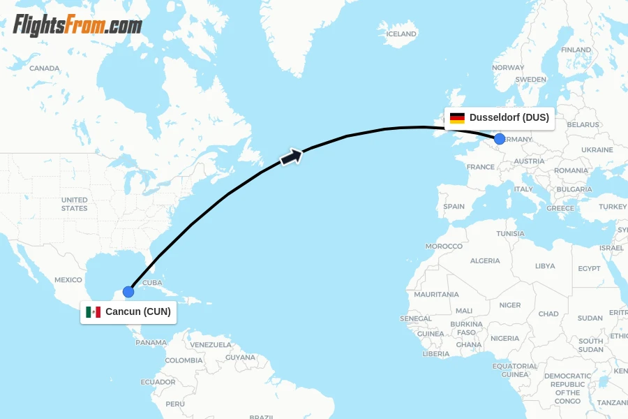 Flights from Cancun to Dusseldorf route map