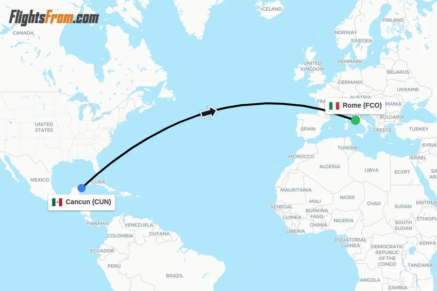 Flights from Cancun to Rome route map
