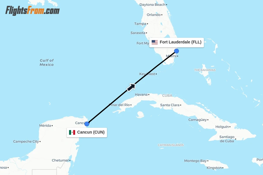 Flights from Cancun to Fort Lauderdale route map